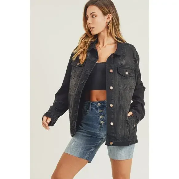 RISEN Distressed Long Sleeves 90's Vintage Pocket Oversized Denim JacketBlack